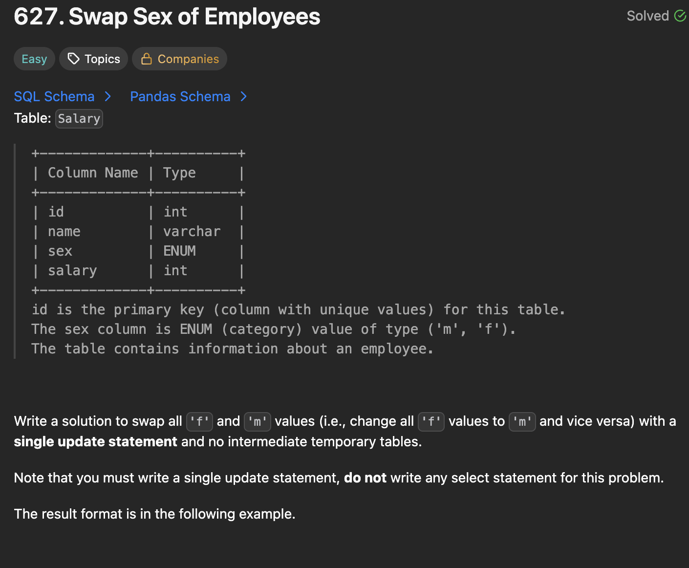 30 Days Of LeetCode Database Challenge Day 10 - (627. Swap Sex of Employees)
