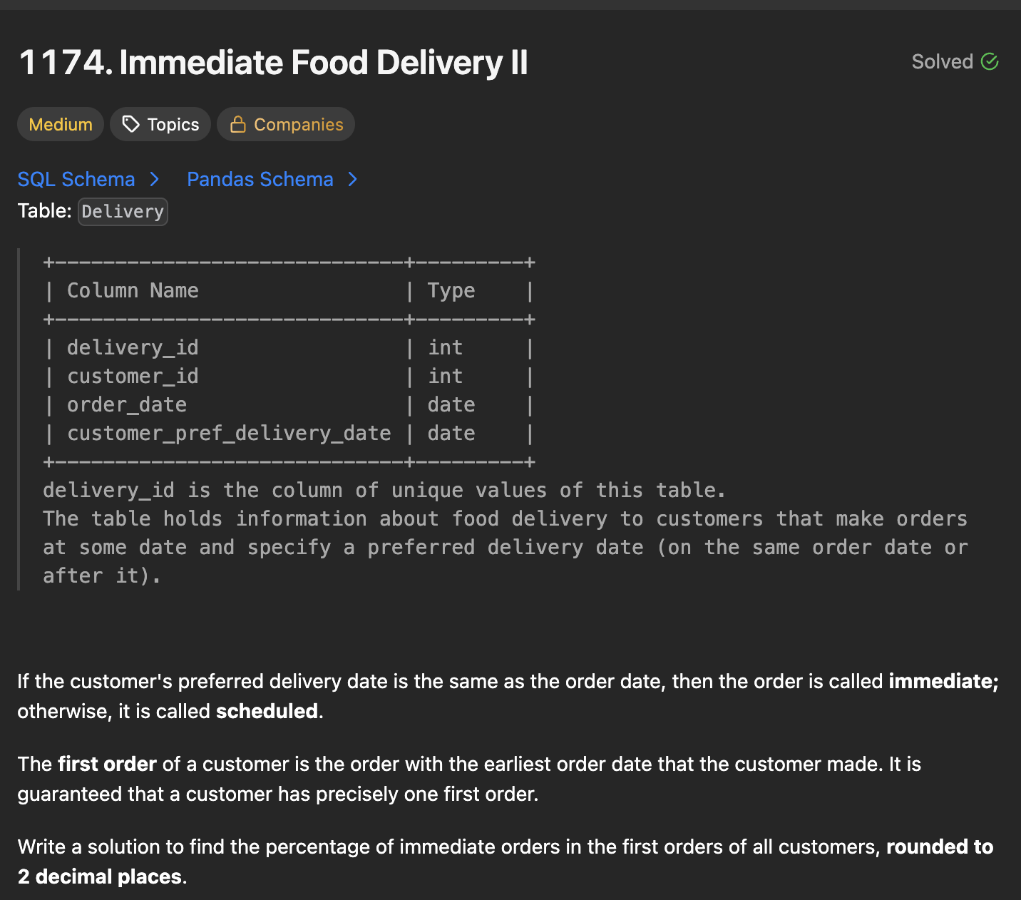 30 Days Of LeetCode Database Day 18 - 1174. Immediate Food Delivery II