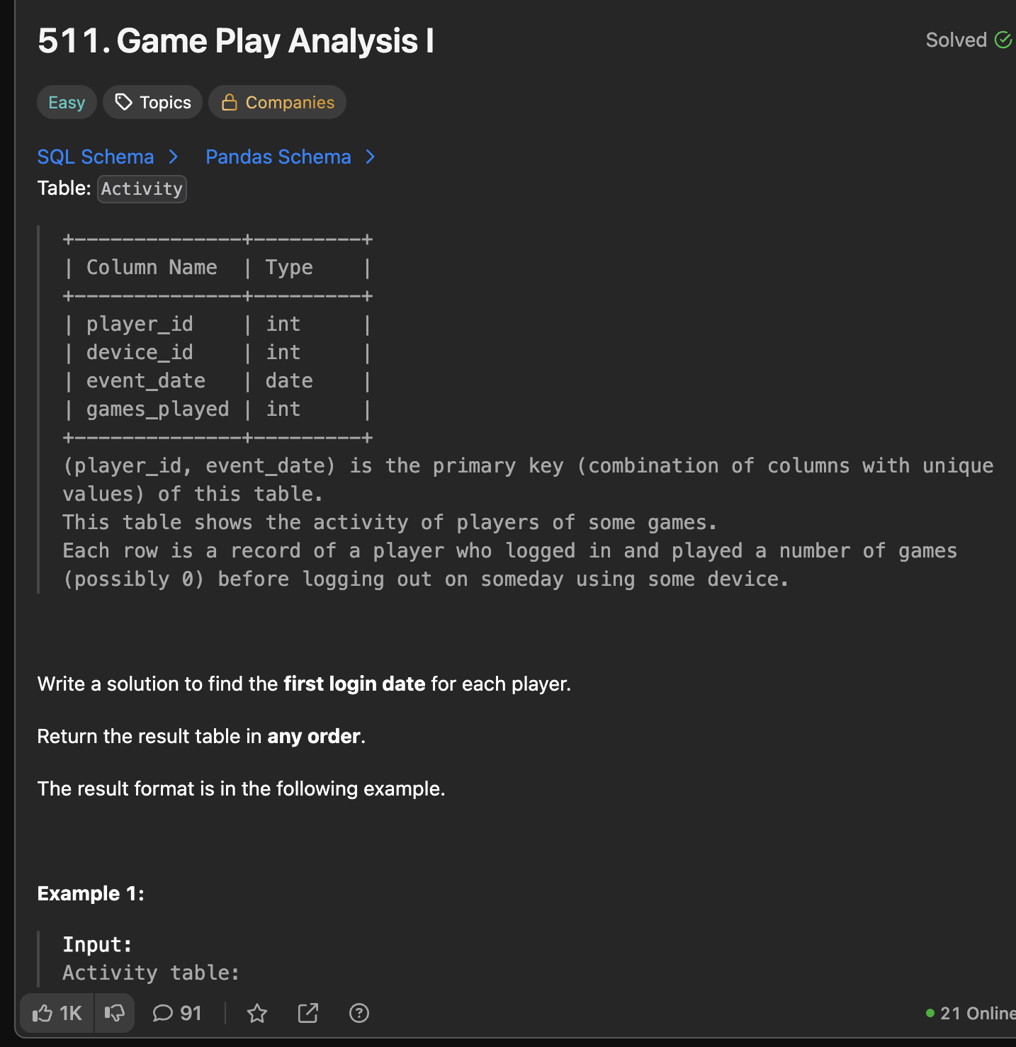 30 Days Of LeetCode Database Day 19 - 511. Game Play Analysis I