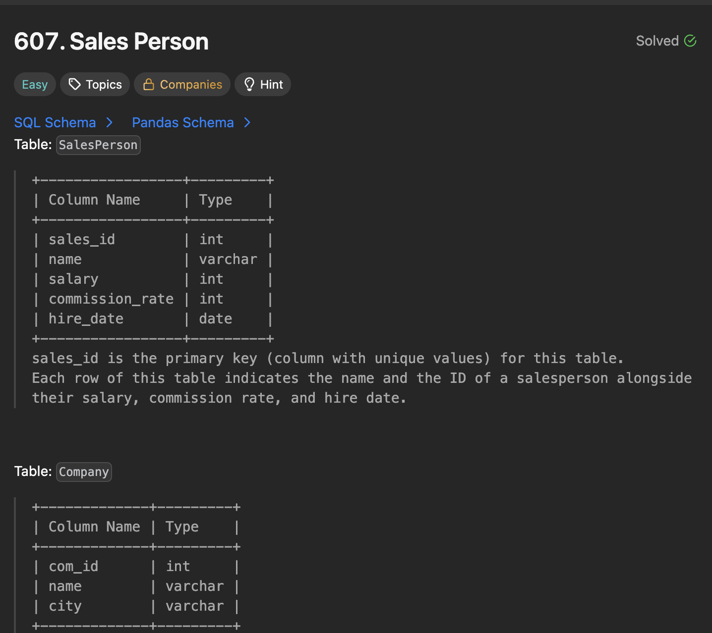 30 Days Of LeetCode Database Day 21 - 607. Sales Person
