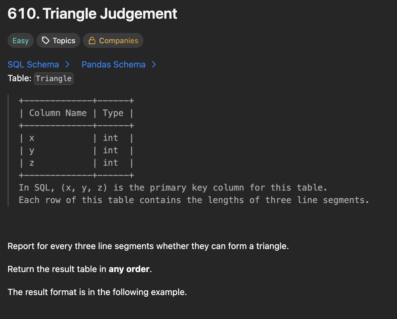 30 Days Of LeetCode Database Day 24 - 610. Triangle Judgement