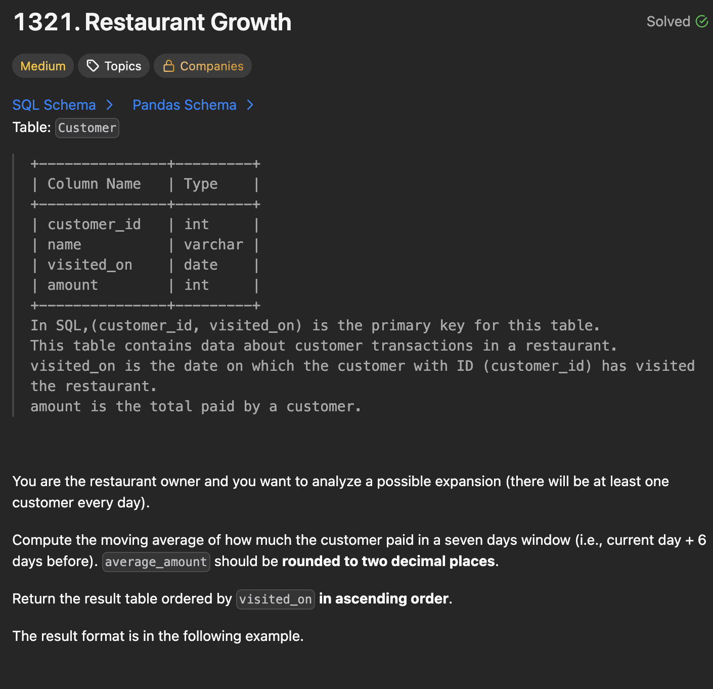 30 Days Of LeetCode Database Day 25 - 1321. Restaurant Growth